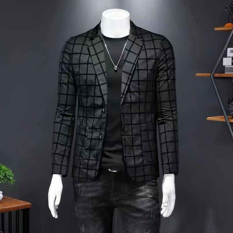 欧货男款春季新款横竖条帅绒休闲西服男士提花植绒潮牌痞植男