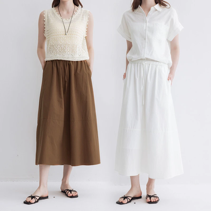 可露丽松弛抽绳松紧腰A字纯棉半身裙春夏-两色入