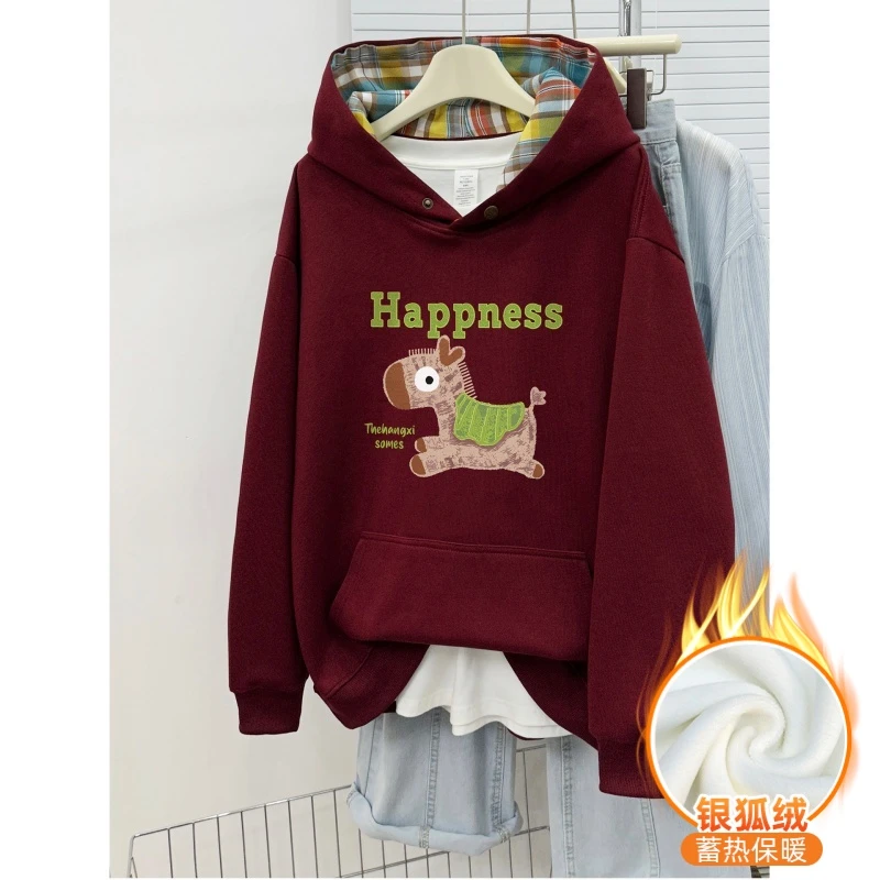 加绒加厚拼接格子纽扣连帽卫衣女冬季小马印花设计感宽松大码上衣