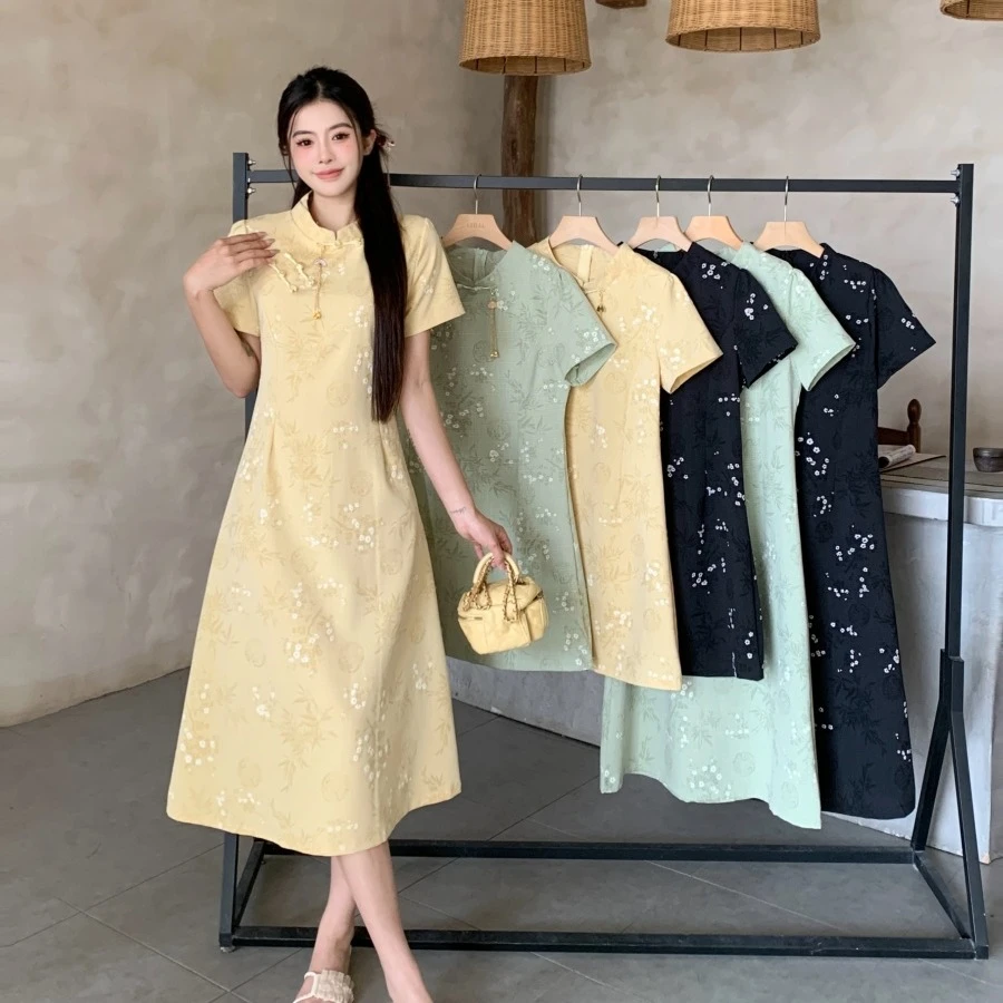 胖妹妹大码女装2025夏季新款显瘦新中式A字裙短袖连衣裙旗袍裙女