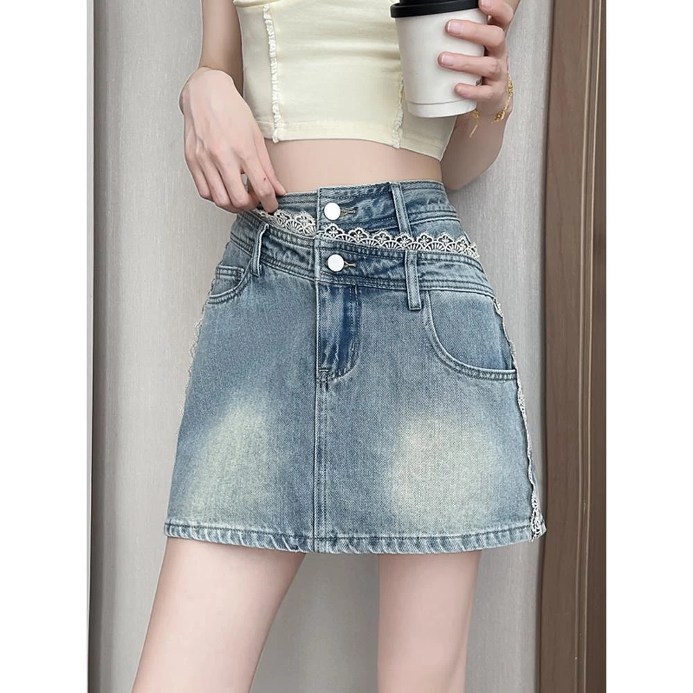 蕾丝拼接牛仔半身裙女夏季2025新款小个子高腰显瘦设计感a字短裙