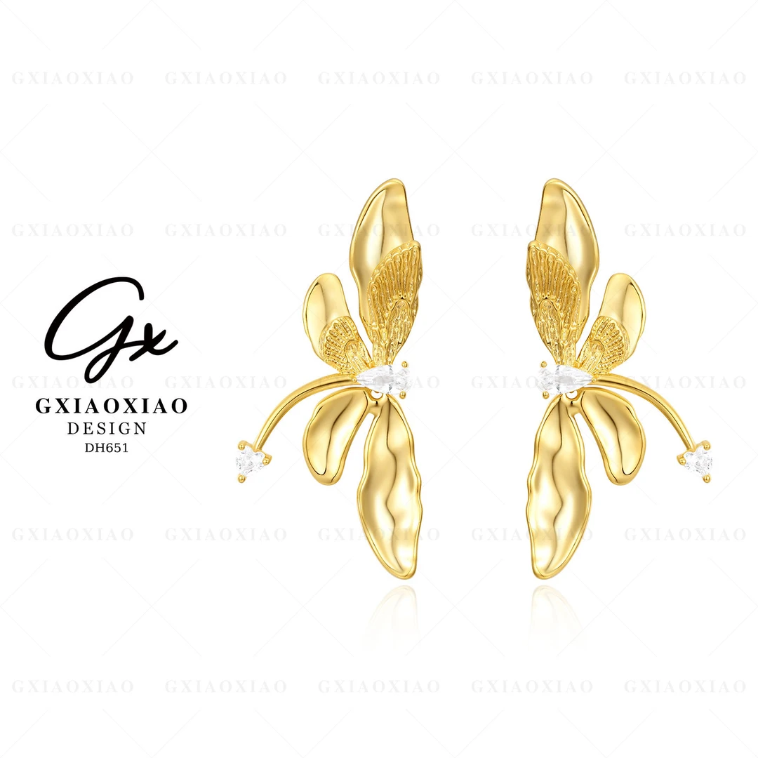 铜合金合成锆石耳饰 镀K金 法式气质轻奢小众蜻蜓耳环 DH651