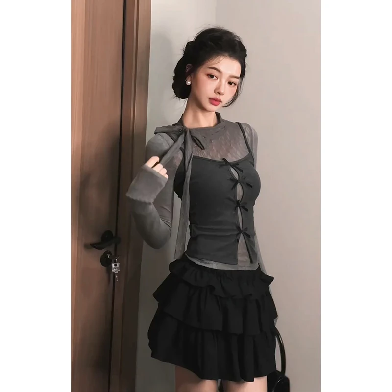 2025早秋新款韩系穿搭薄款系带长袖上衣蝴蝶结吊带背心蛋糕半身裙