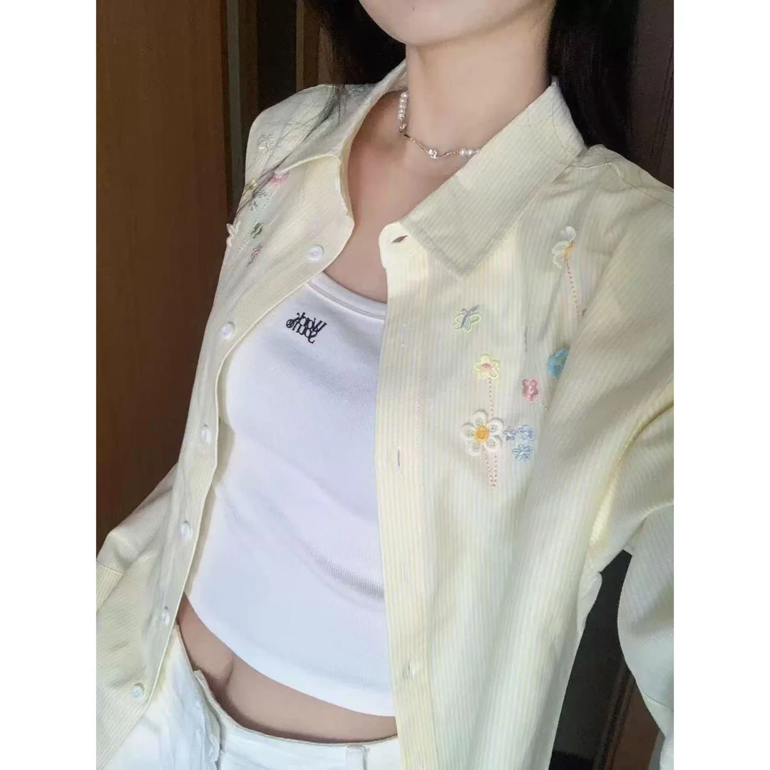 国潮牌宽松黄色条纹立体花朵刺绣衬衫外套女夏季防晒休闲长袖上衣