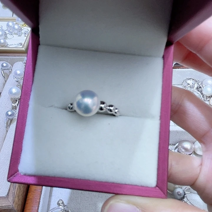 淡水珍珠戒指银S925镶嵌半**，