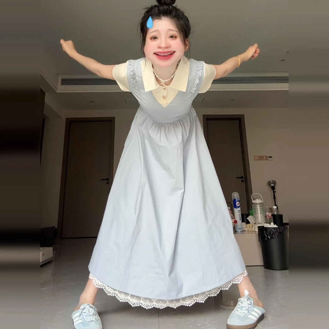 2025新款爆款韩系漂亮冷淡系假两件蓝色学院风连衣裙子女夏季长裙