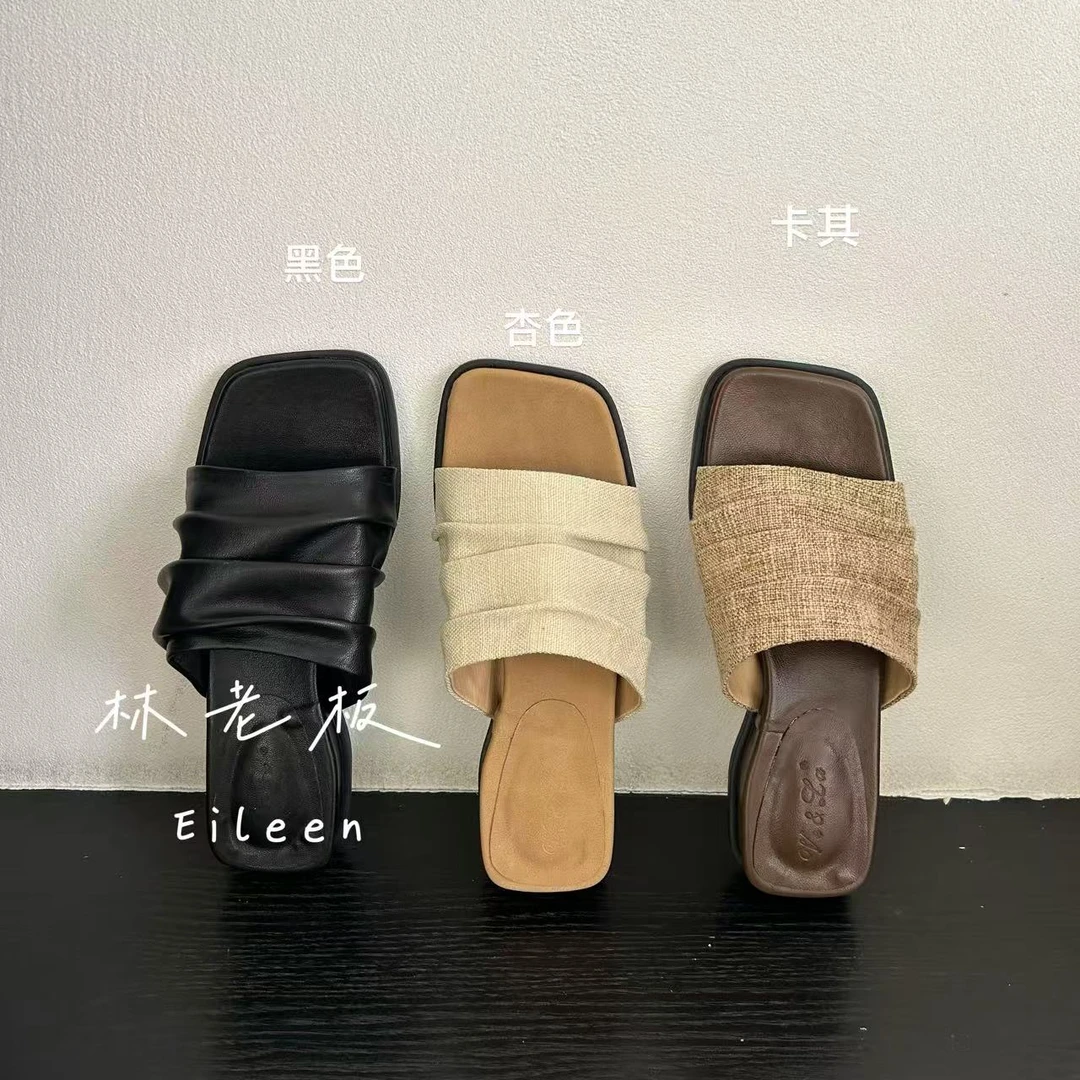 夏季新款一字带厚底3CM设计感麻料鞋面拖鞋外穿沙滩凉拖1103-75
