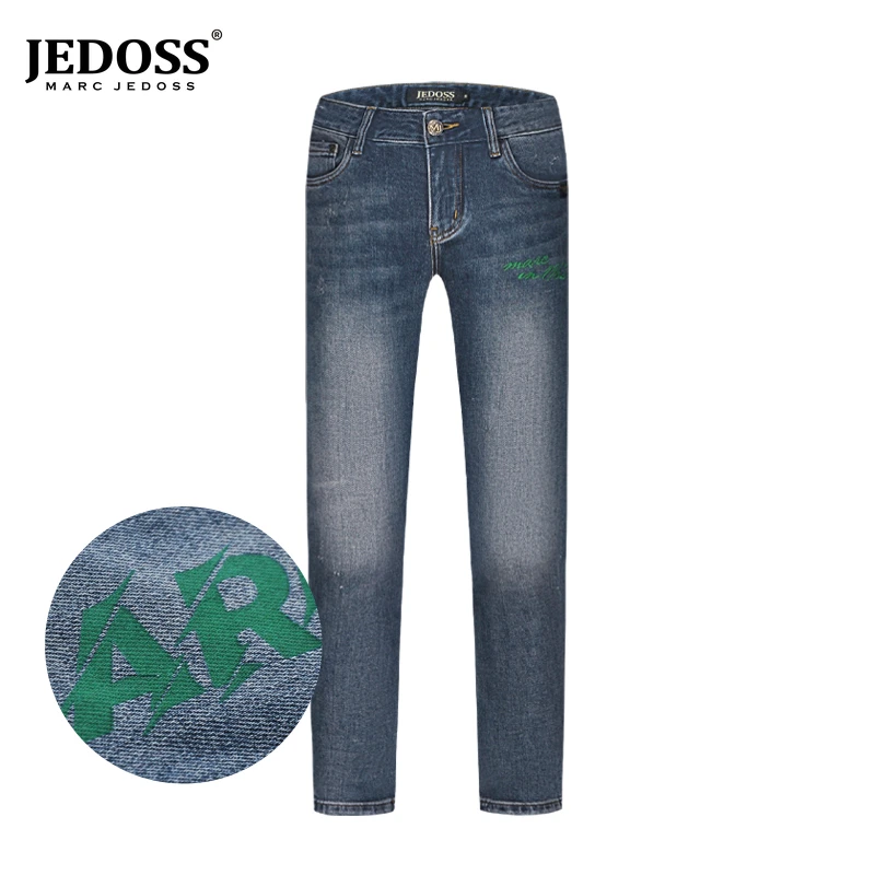 JEDOSS/爵迪斯水洗男牛仔裤子宽松刺绣烫印蓝色男士裤日常百搭