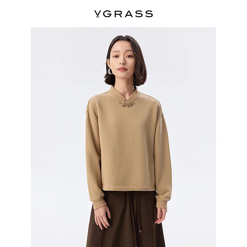 VGRASS手工盘扣中式斜襟卫衣冬季新款宽松长袖上衣女VSH2P4863D