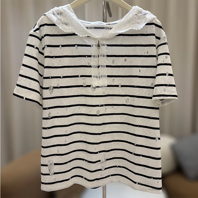 蕾丝连帽条纹短袖T恤女大码遮肚子显瘦洋气胖mm上衣2025新款25286