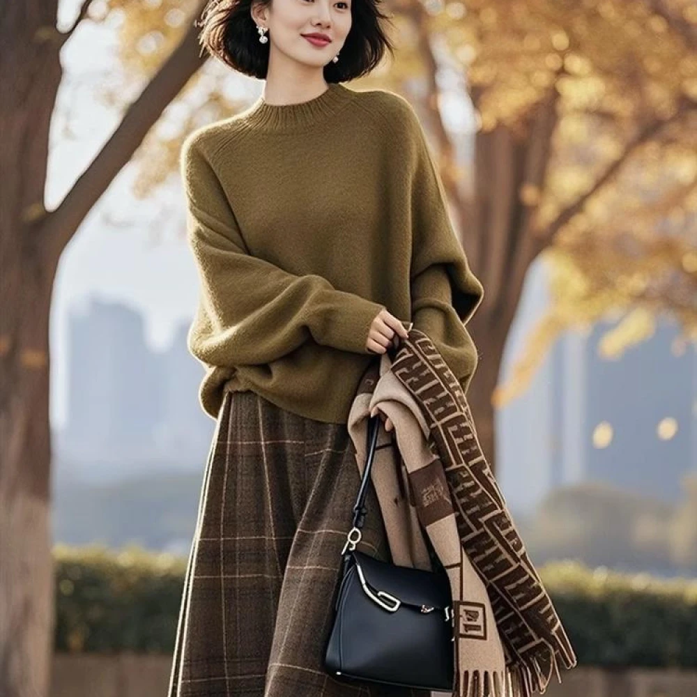 2025新款春装搭配一整套韩系穿搭宽松显瘦绿色毛衣格子半身裙套装