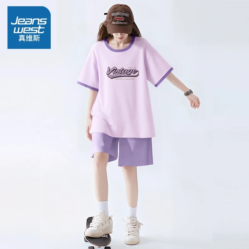 真维斯 运动套装女2025新款夏季纯棉短袖短裤大码宽松一整套穿搭