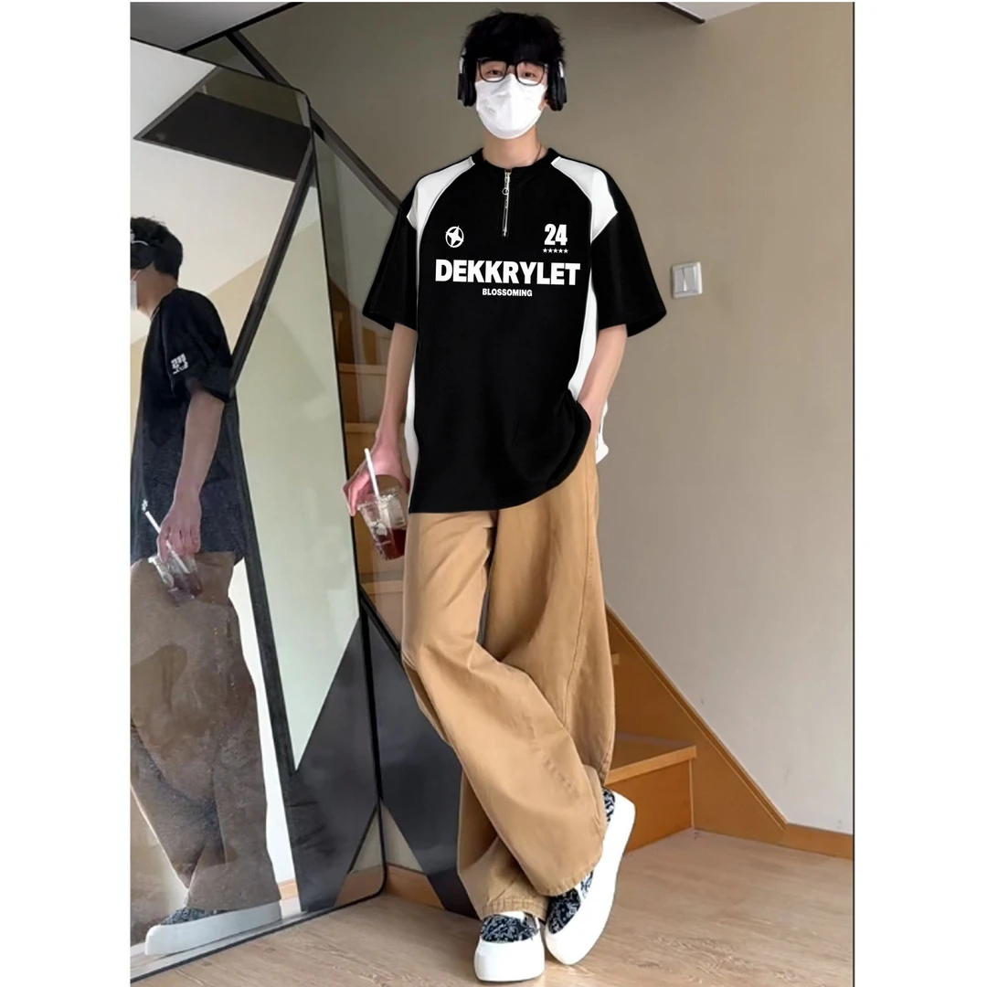 labzaa美式简约数字字母印花半拉链短袖t恤男女夏季纯棉拼接上衣