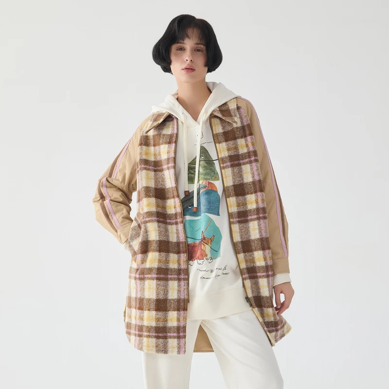 谜底宽松中长款大衣女冬新品复古格纹拼接毛呢外套234MD1506