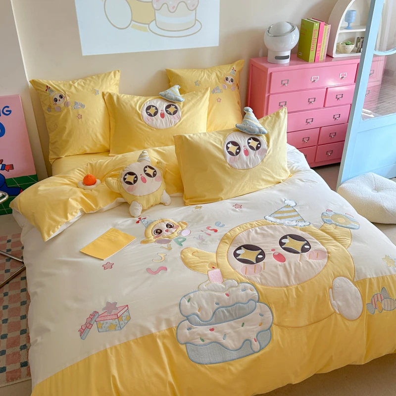 可爱蛋仔 全棉卡通四件套男孩女孩 萌趣儿童卡通绣花被套三件套