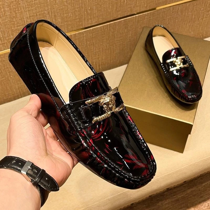 男士亮皮印花豆豆鞋夏季新款软底懒人鞋时尚百搭低帮耐磨休闲皮鞋