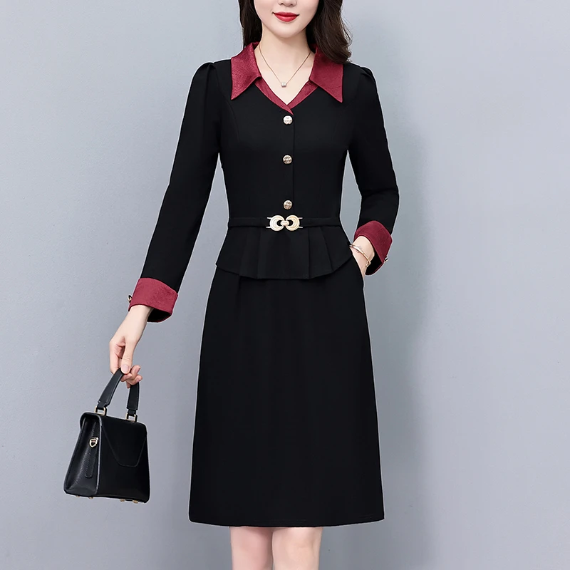 春秋新款中老年气质妈妈装修身显瘦假两件时髦过膝连衣裙185958