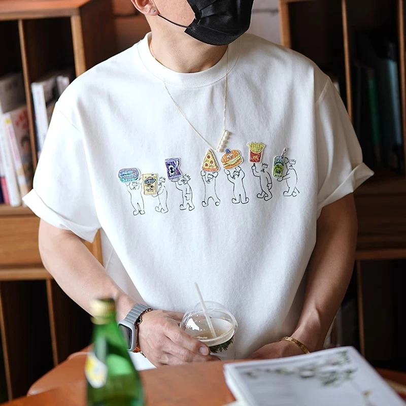 Moleubak 港风高街贴布刺绣宽松短袖T恤男夏季潮流设计感ins百搭