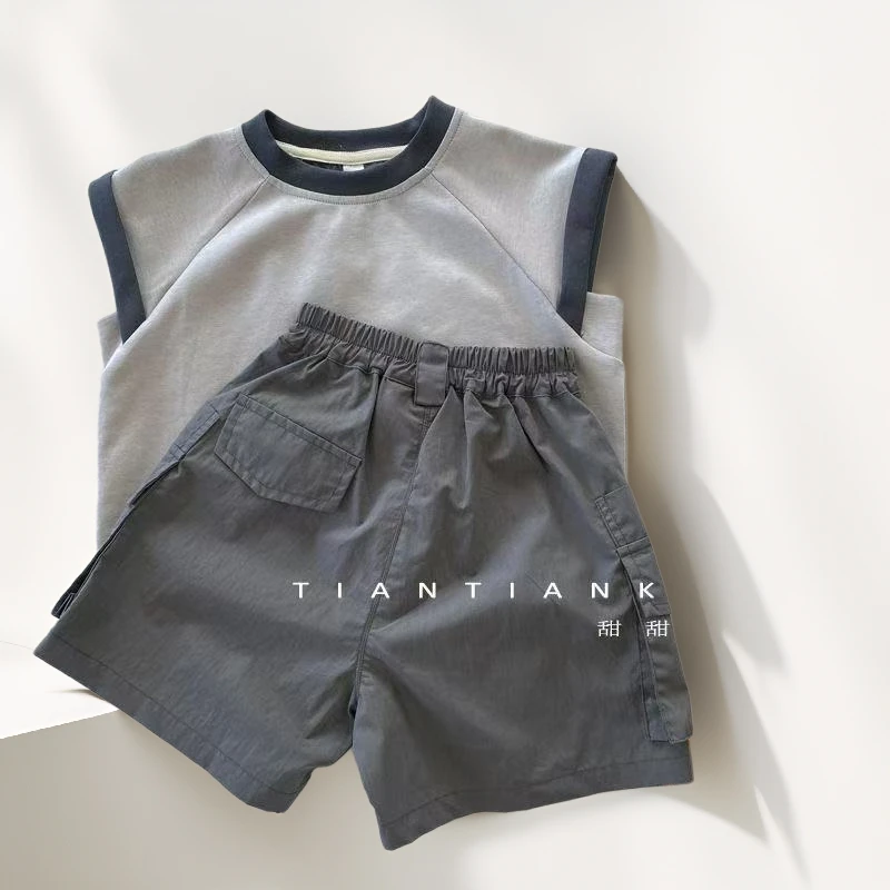夏季无袖速干透气大口袋工装短裤夏装棉男童潮背心套装儿童1215岁