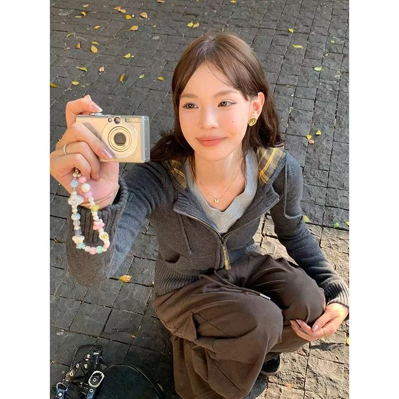 美式复古格子拉链连帽短款修身韩系针织毛衣开衫外套女春秋冬上衣