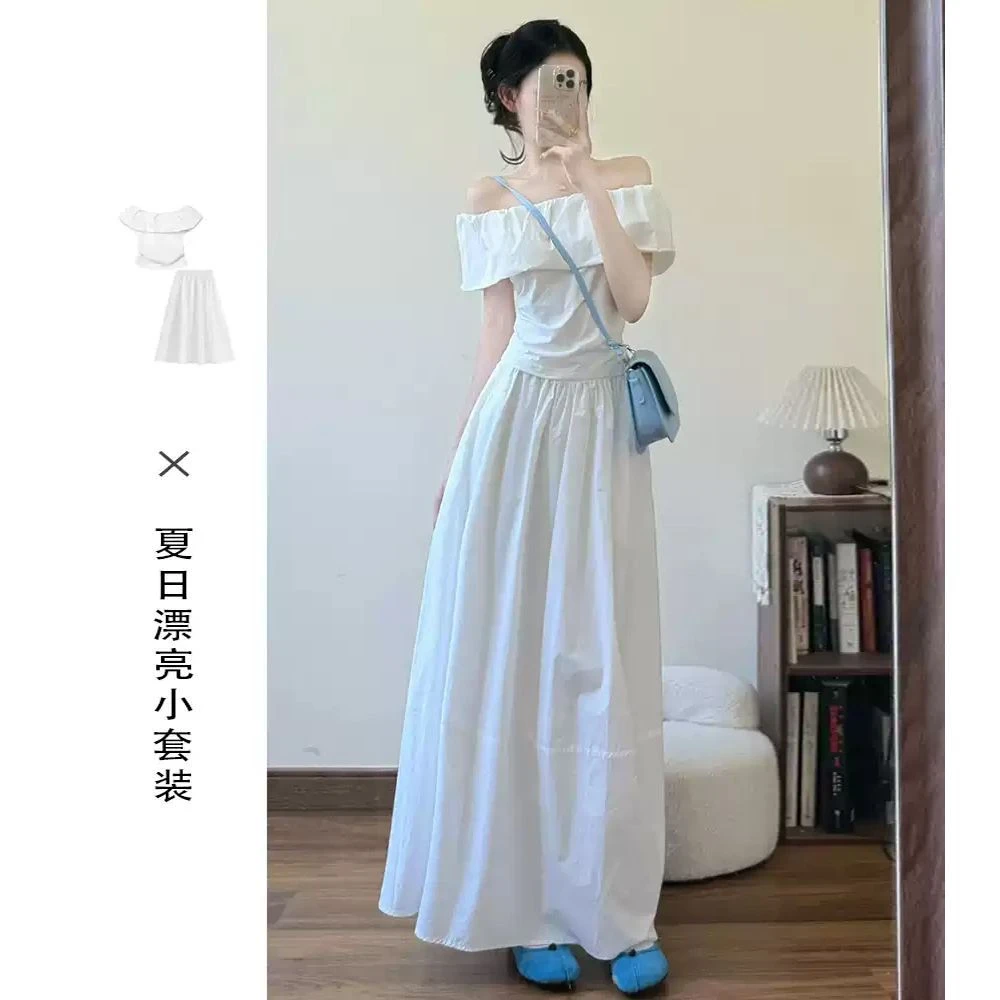 一字肩白色气质连衣裙子女夏季2025新款长款漂亮长裙显瘦穿搭套装