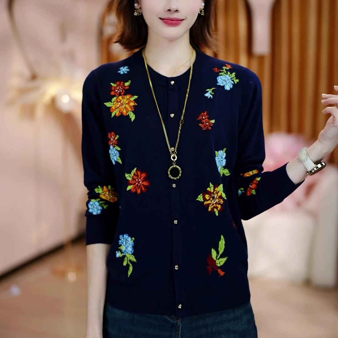 秋冬休闲时尚百搭花朵绣花羊毛开衫显瘦气质圆领长袖女士针织衫