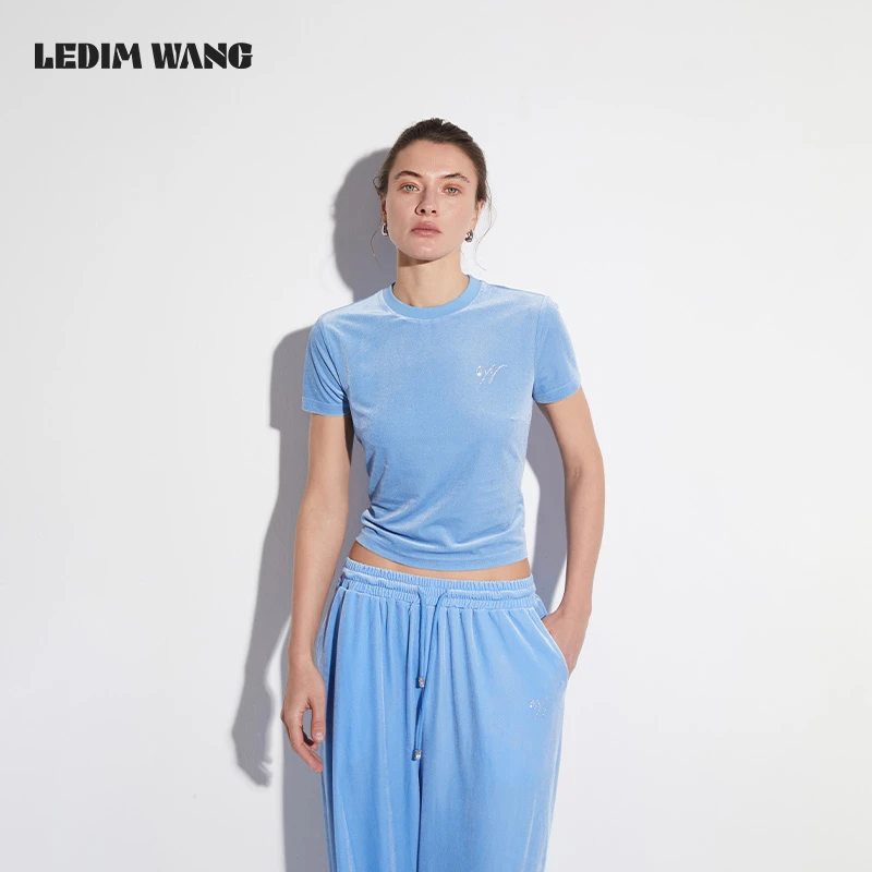 LEDIM WANG丝绒圆领T恤女烫钻短袖透气红上衣