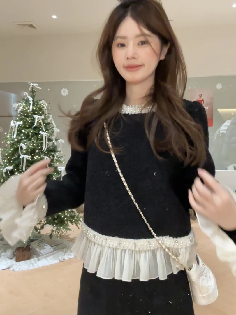 【花花】许我耀眼~秋冬新款重工拼接珍珠领小香风长袖衬衫