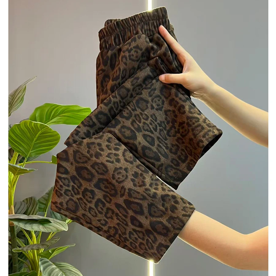 2025秋季新款豹纹休闲裤舒适百搭款妈妈装松紧腰哈伦裤遮肉显瘦款
