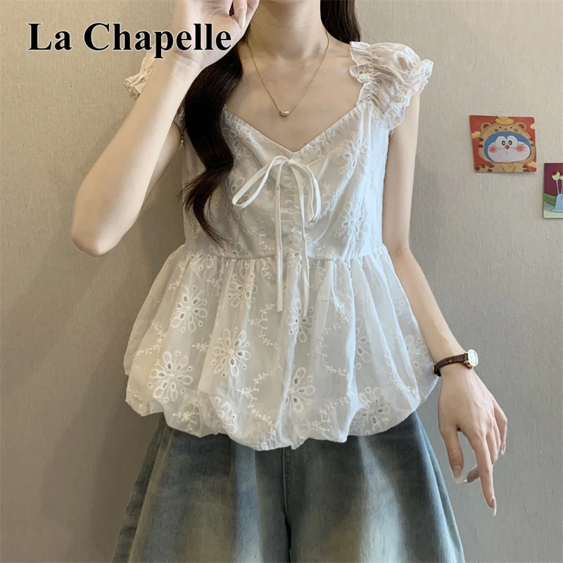 拉夏贝尔法式时尚镂空蕾丝无袖衬衫女装夏季设计感娃娃衫背心上衣