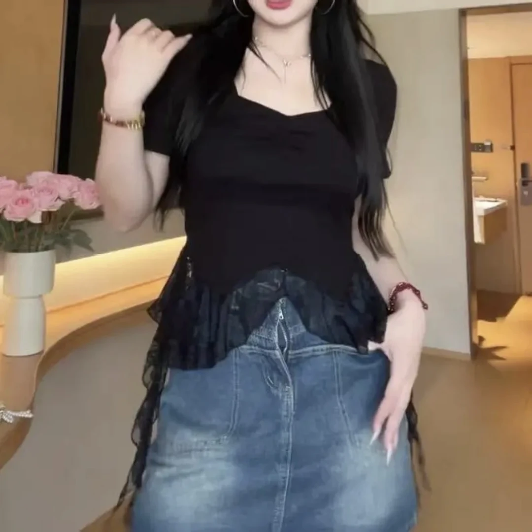 新款大码显瘦设计感纯欲蕾丝边短袖T恤