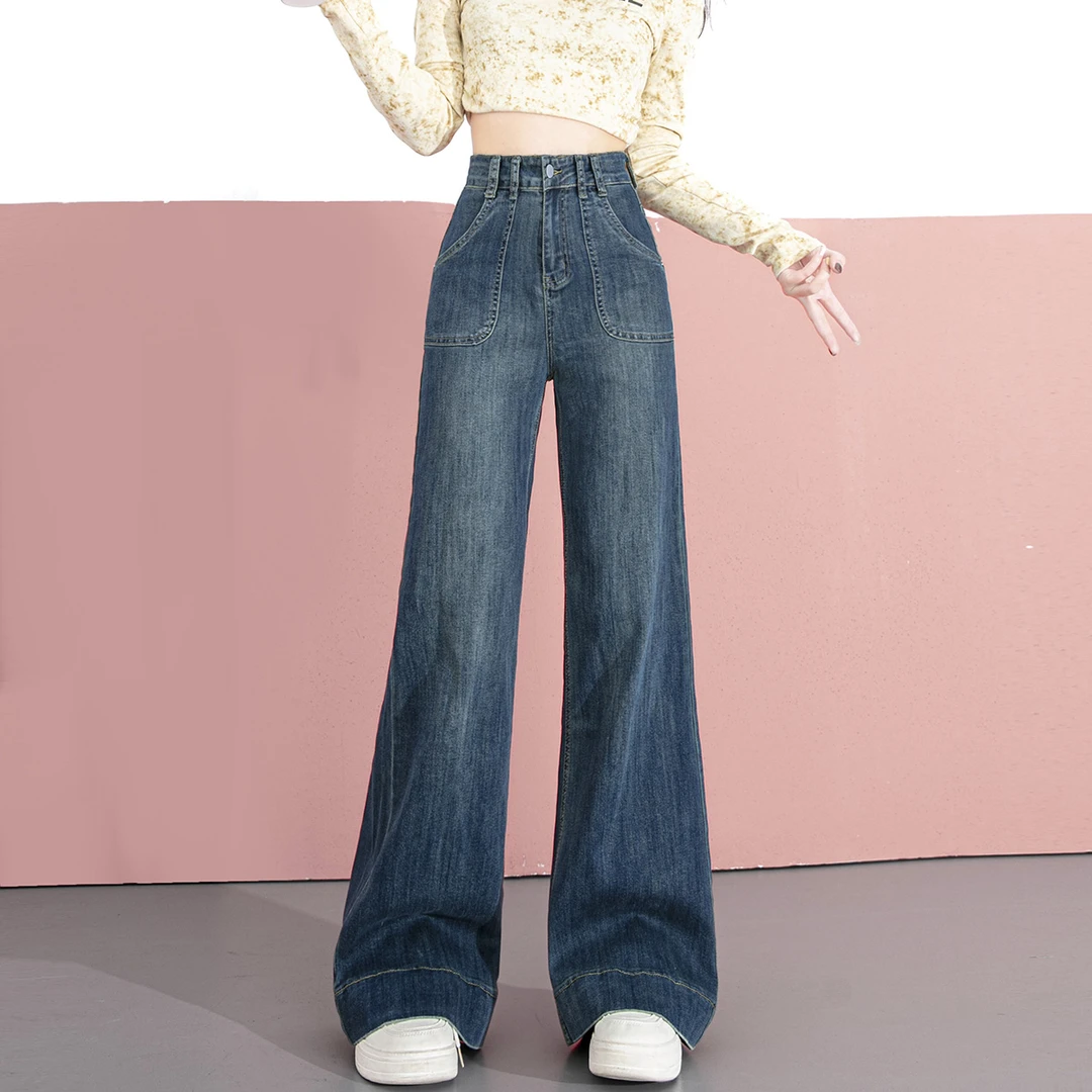 复古蓝微喇牛仔裤女春夏薄款高腰弹力喇叭裤小个子大裤脚拖地裤子