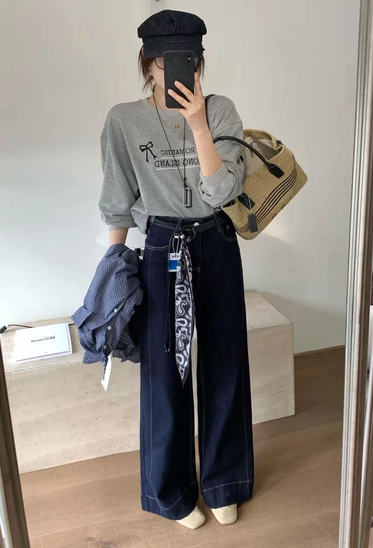 8804号6627#秋百搭微弹明线设计感显瘦阔腿牛仔裤（配腰带）（预）