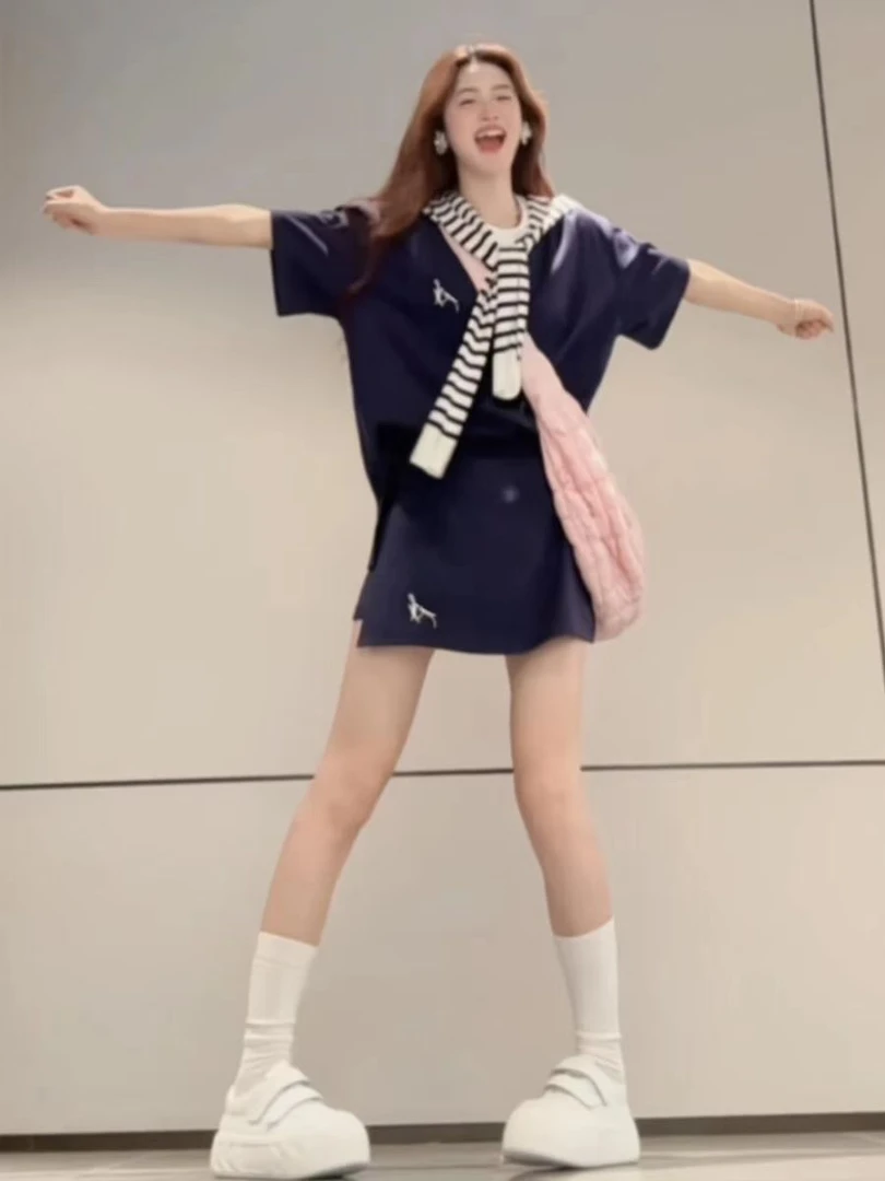 夏季ootd短袖短裙运动服套装女学生韩版宽松显瘦休闲三件套慵懒风