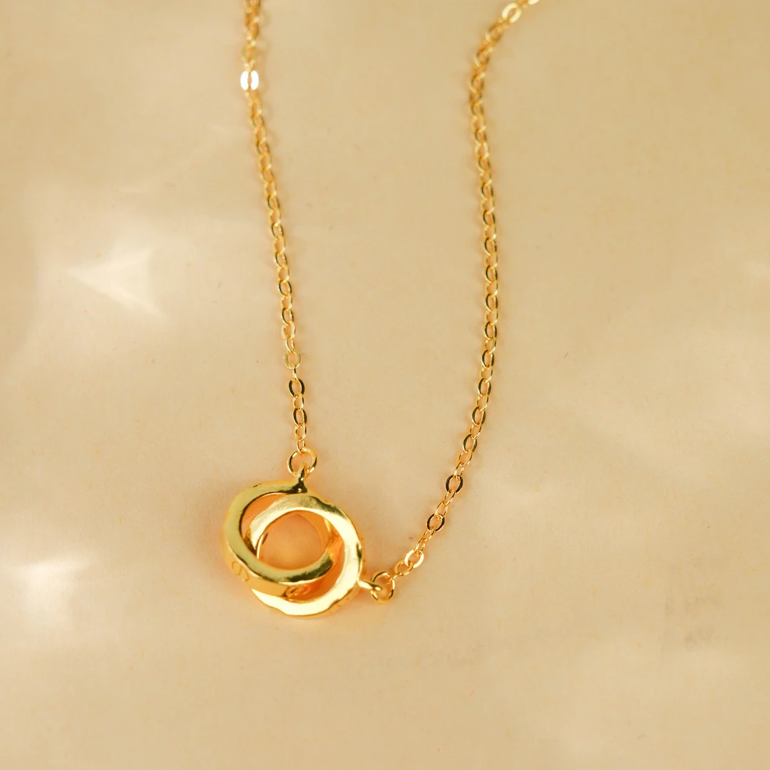 坠链均足银 足银项链【万两】足银双环套链金色经典一字纹项链女款