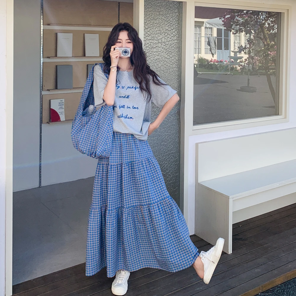 休闲风短袖高腰格子半身裙套装女2025夏季新款宽松设计感显瘦显高