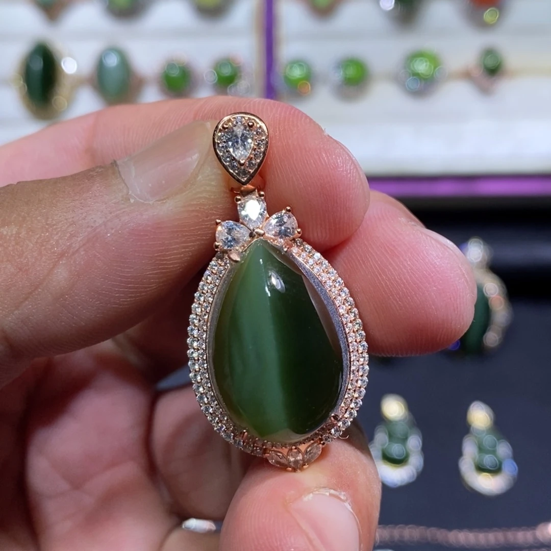 和田玉（碧玉）银S925镶嵌吊坠(不含链)