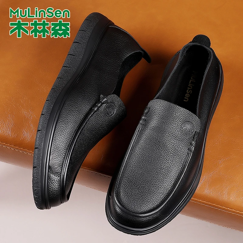 木林森男鞋商务新款休闲皮鞋厚底2025百搭一脚蹬真皮黑色软皮