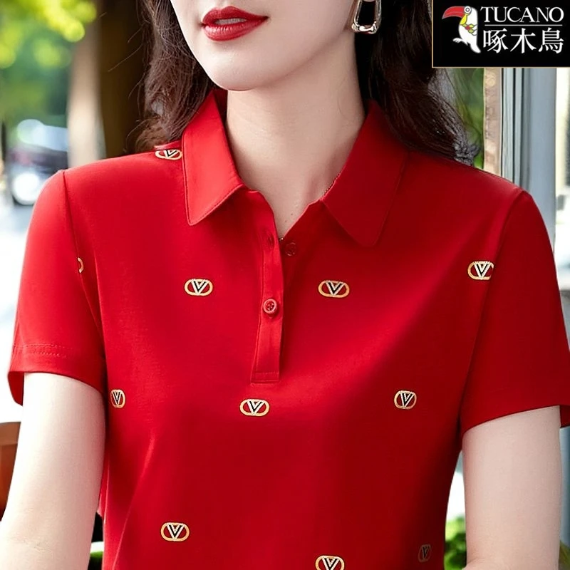 啄木鸟纽扣POLO领印花短袖T恤2025年新款夏季运动大码显瘦上衣女