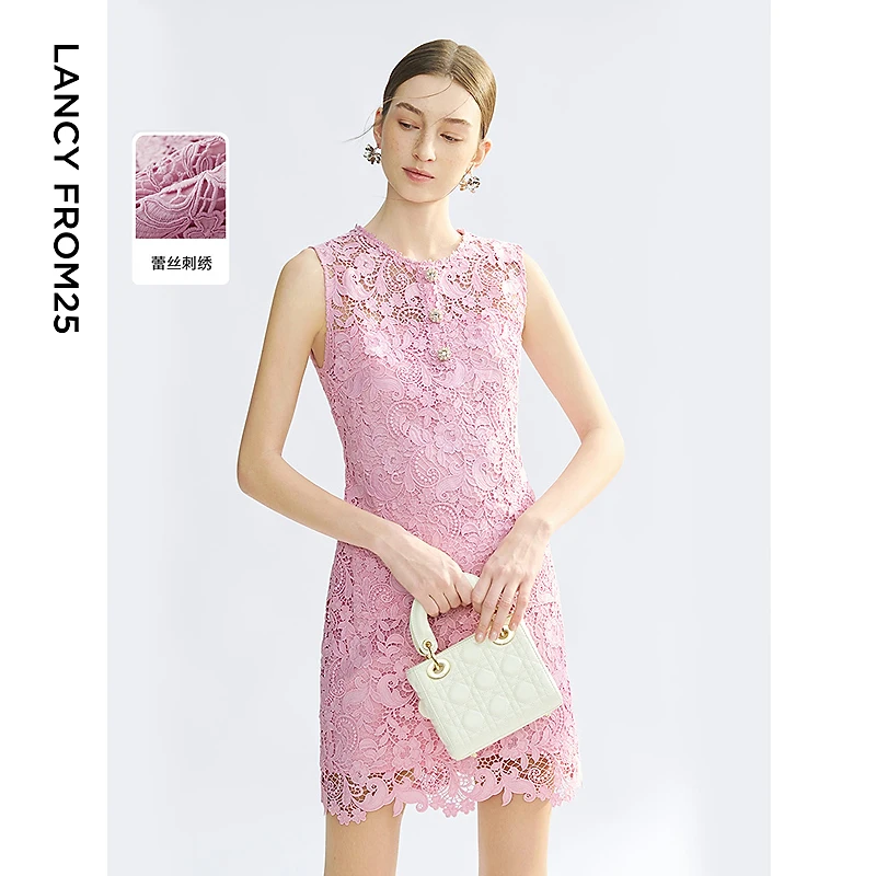 朗姿2025夏季新款蕾丝花边圆领无袖连衣裙修身收腰刺绣重工裙子