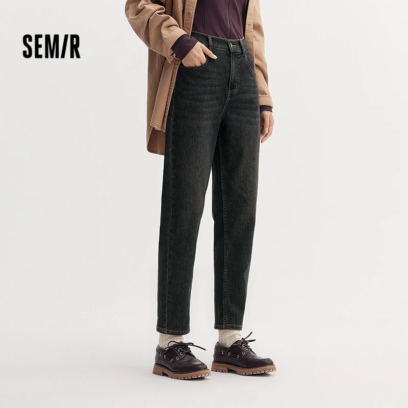 森柔牛仔|森马牛仔裤女半松紧腰简约舒适长裤秋百搭锥形裤显腿长