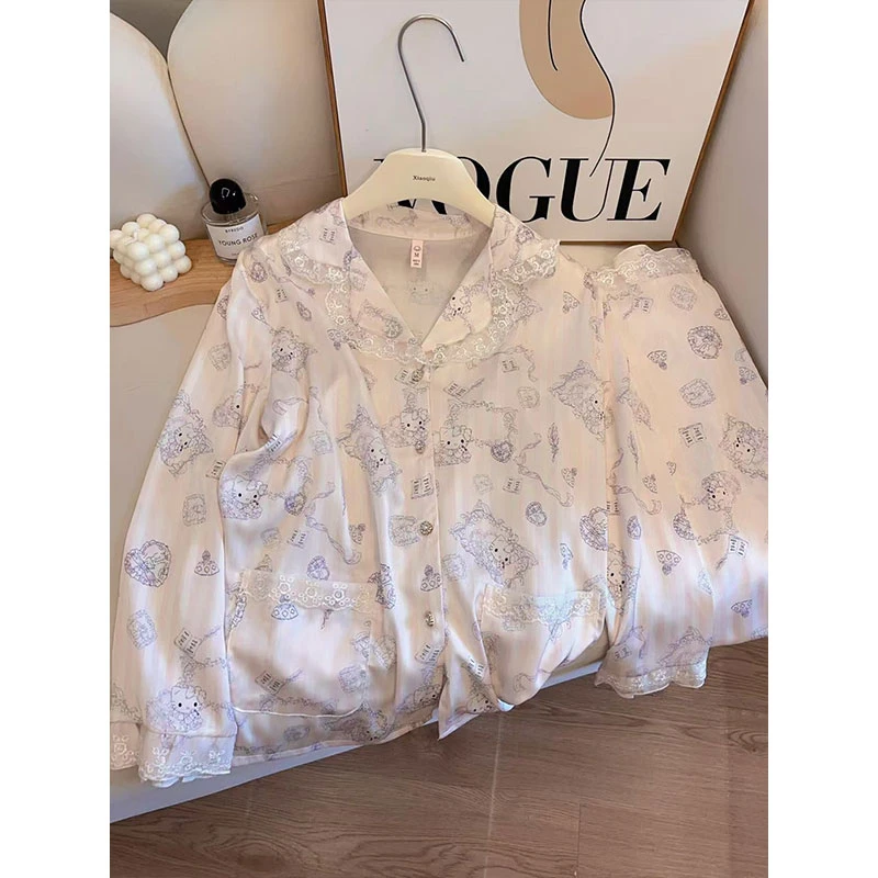 带胸垫甜心KT猫睡衣春夏女款奶油冰丝缎面蕾丝边可外穿家居服套装