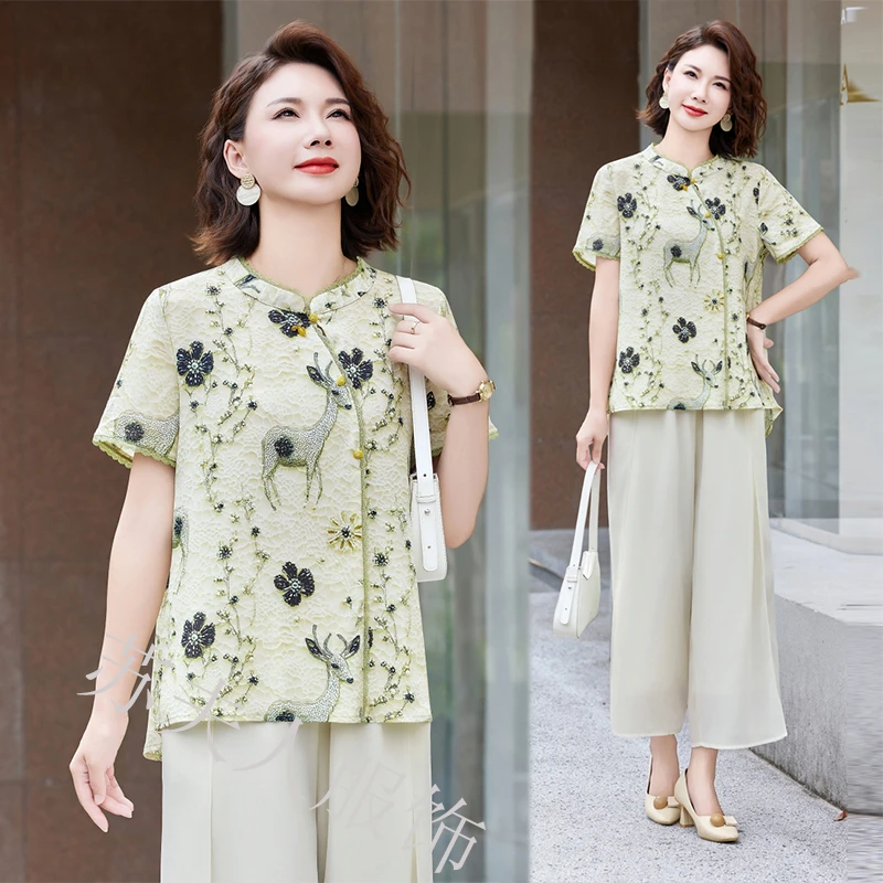 时尚中年妈妈夏装短袖T恤上衣中老年女夏季洋气宽松薄款小衫新款