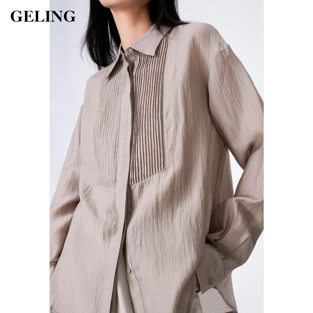 GELING/歌&玲2秋季新款翻领真丝混纺廓版牙签条长袖衬衫G511X23