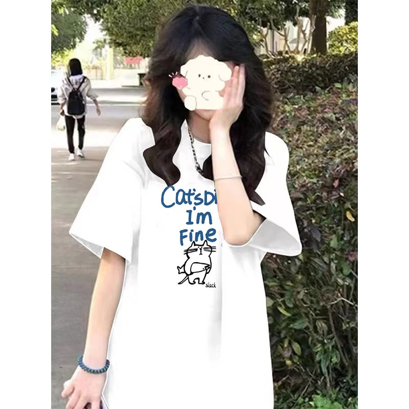 白色短袖t恤女夏季2025新款宽松休闲中长款遮屁股大码减龄上衣潮