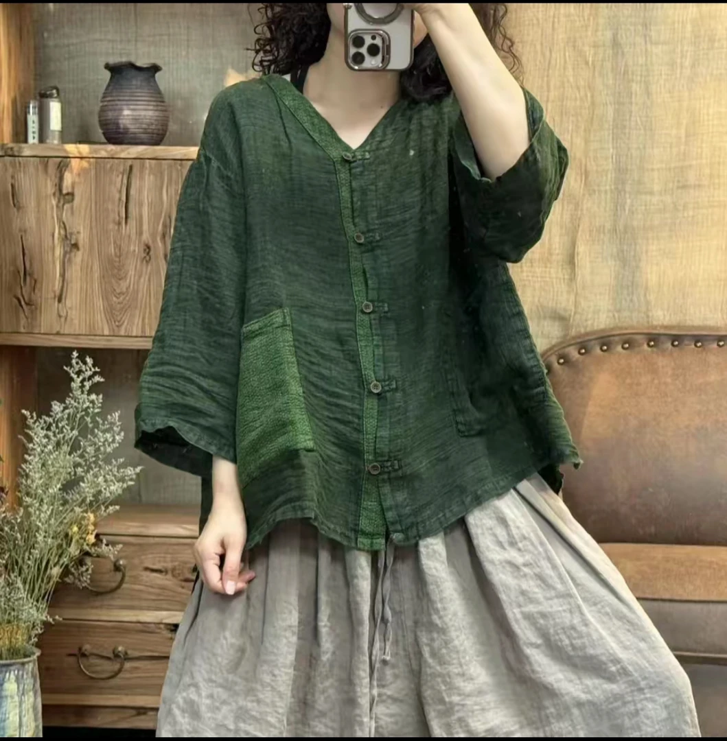 夏季亚麻炒色做旧复古贴口袋女装休闲外套(长64胸围136)