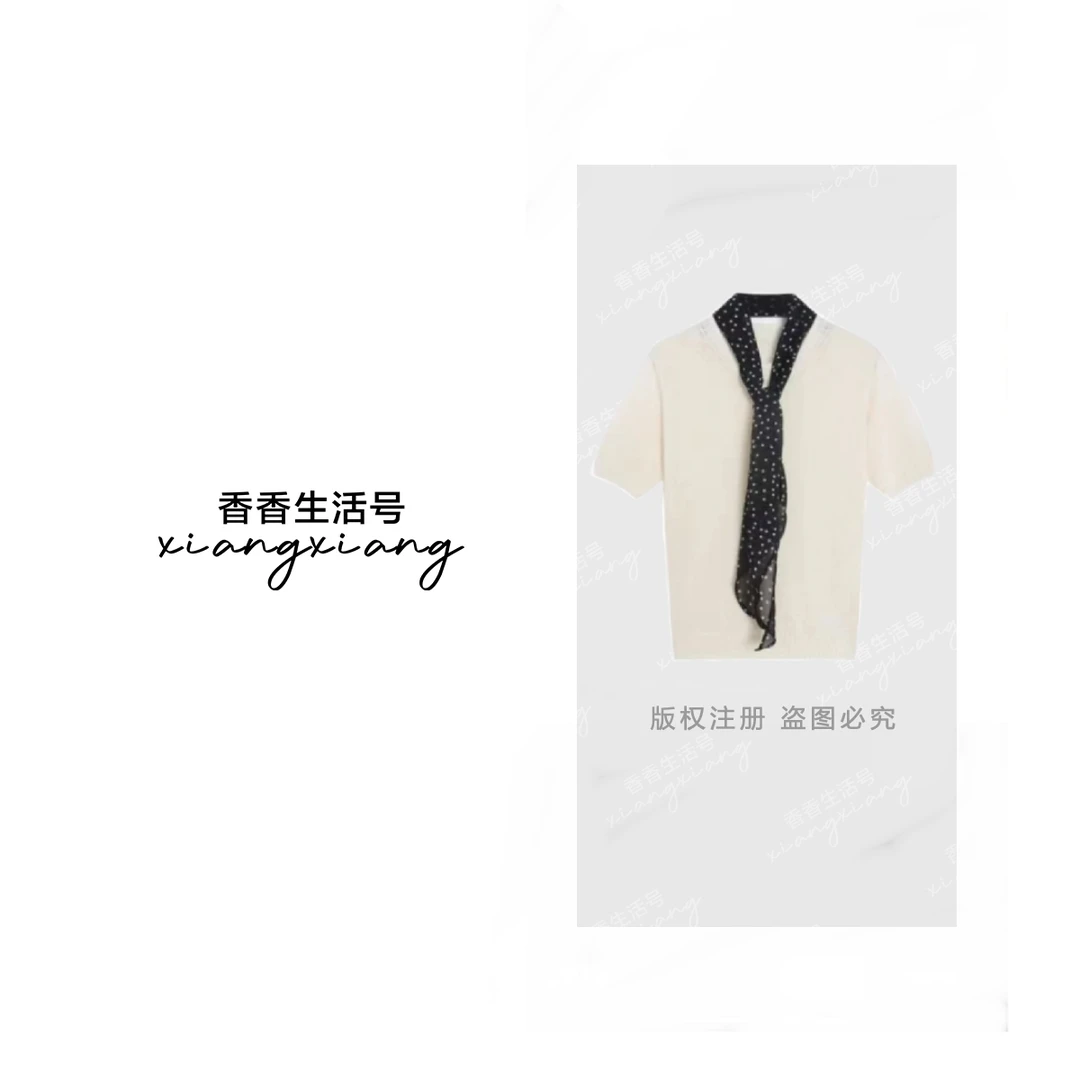 【香香严选】“法式波点”2025新夏款欧若风带系带针织衫短袖YN9255