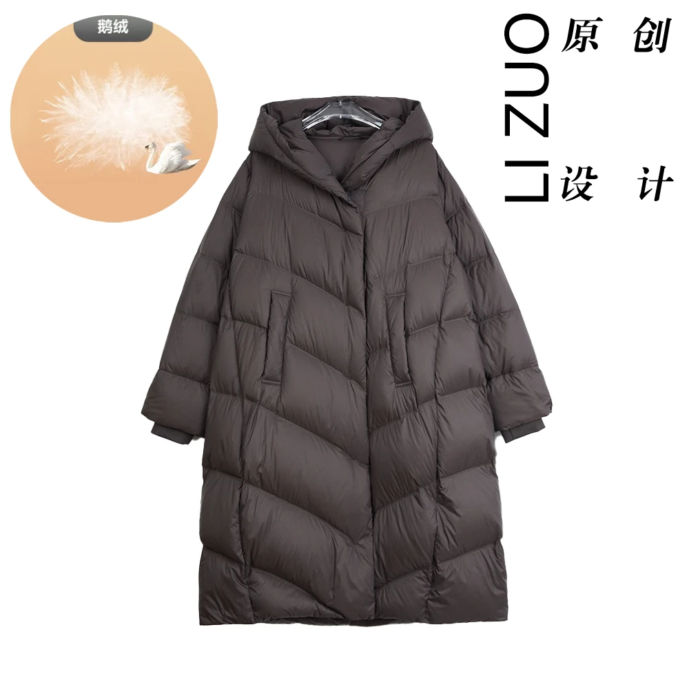 【鹅绒】大码胖mm90鹅绒时尚百搭宽松保暖连帽中长款羽绒服9657