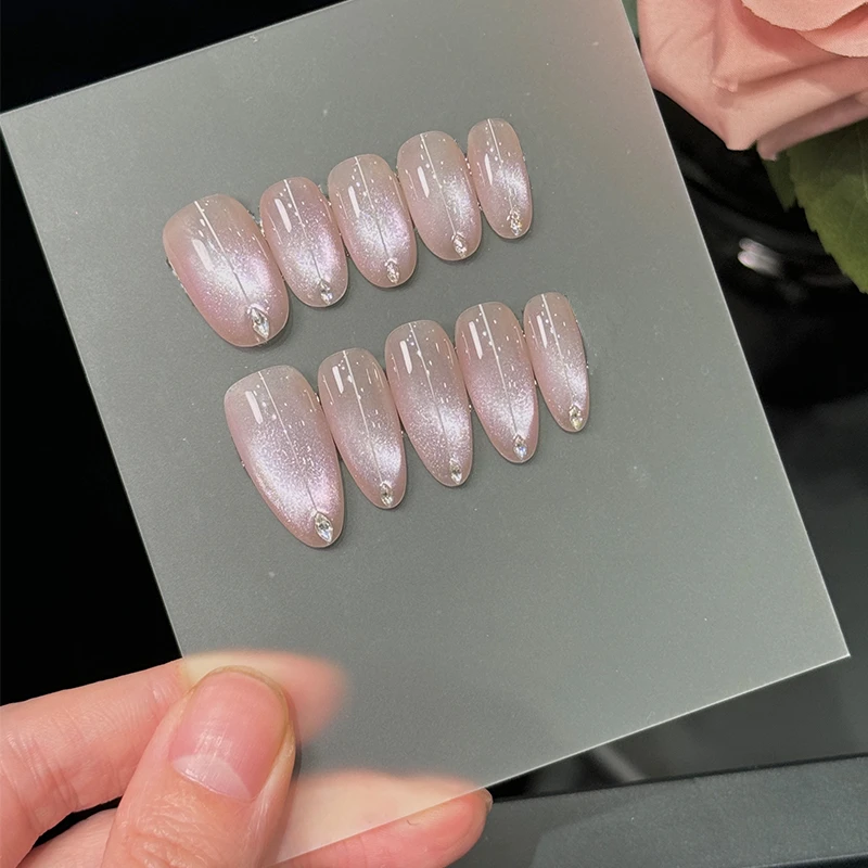 【虾线专属】淡紫猫眼亮面线条拉钻显白美甲纯手工穿戴甲