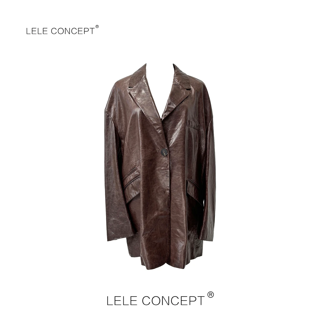 LELE CONCEPT丨【精选推荐】时装复古气质款落肩翻袖皮衣P0054